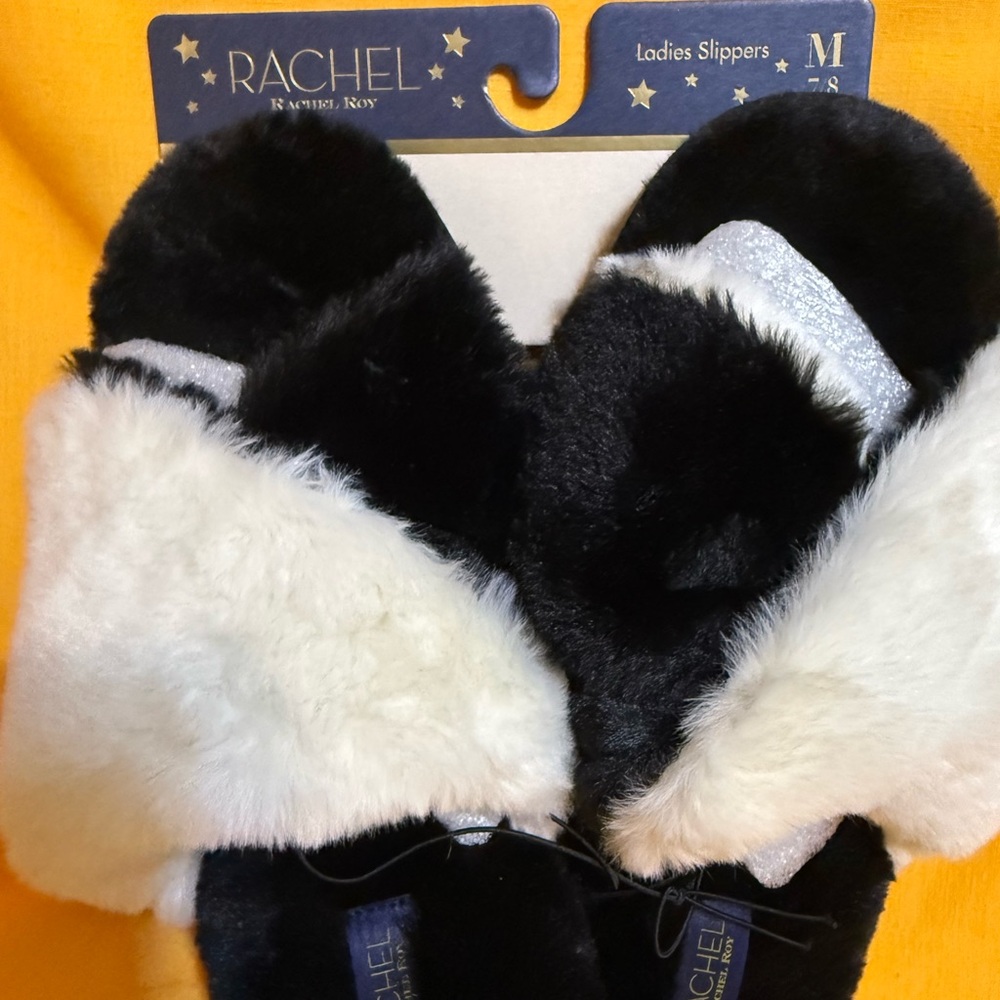 RACHEL Rachel Roy Womens Black and White Furry Slippers